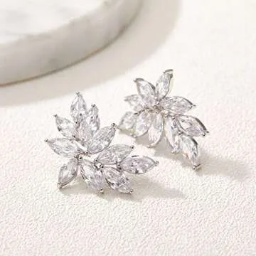 SWEETV Marquise Bridal Wedding Earrings for Brides Bridesmaids, Crystal Cubic Zirconia Rhinestone Cluster Stud Earrings for Women, Prom, Silver
