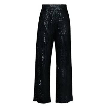Aelidiya Women's Glitter Sequin Long Loose Pants Bling Party Clubwear Elastic Casual Pants Black