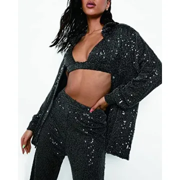 Aelidiya Women's Glitter Sequin Long Loose Pants Bling Party Clubwear Elastic Casual Pants Black