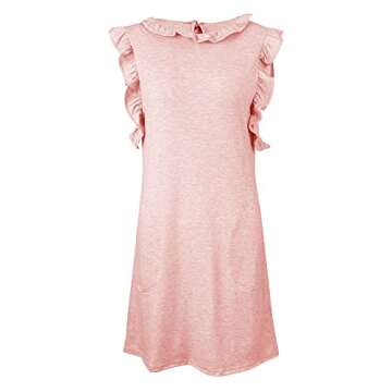 Uincloset Women's Summer Sleeveless Ruffle Sleeve Mini Dress Casual Crew Neck Pocketed Tunic Dresses (Pink, Small)