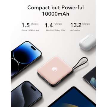 VRURC Mini Portable Charger, 22.5W USB C Fast Charging 10000mAh Pocket Power Bank with Built-in Cable, Battery Pack for iPhone 16 15 14 13 Samsung Galaxy S23 S22 Google Android, Pink(1 Pack)