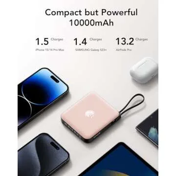 VRURC Mini Portable Charger, 22.5W USB C Fast Charging 10000mAh Pocket Power Bank with Built-in Cable, Battery Pack for iPhone 16 15 14 13 Samsung Galaxy S23 S22 Google Android, Pink(1 Pack)