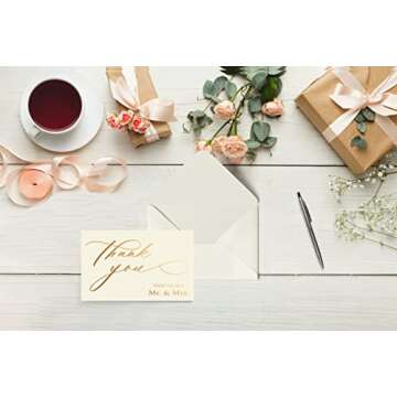 Elegant 50 Pack Wedding Thank You Cards with Envelopes in Gold Foil