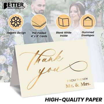 Wedding Thank You Cards - 50 Pack with Gold Foil Design
