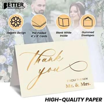 Wedding Thank You Cards - 50 Pack with Gold Foil Design