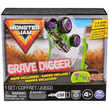 Monster Jam, Official Grave Digger Remote Control Monster Truck with Ramp, Small 1:64 Scale RC Cars ...