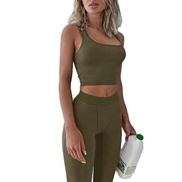 ZFLM Casual Workout Sets Two Piece Outfits for Women Ribbed Crop Tank Top High Waist Yoga Leggings A...