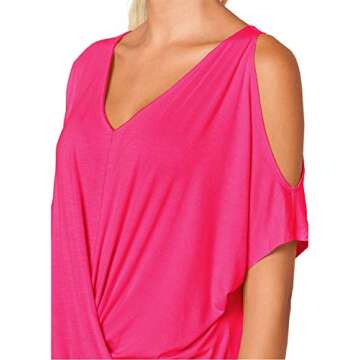 Summer Hot Pink Cold Shoulder Tops for Women Sexy Casual Short Sleeve V Neck T Shirts 2025 Trendy Ladies Cute Front Knot Batwing Dolman Vacation Date Night Going Out Birthday Party Blouse L