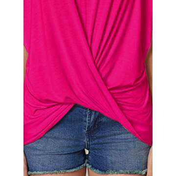 Summer Hot Pink Cold Shoulder Tops for Women Sexy Casual Short Sleeve V Neck T Shirts 2025 Trendy Ladies Cute Front Knot Batwing Dolman Vacation Date Night Going Out Birthday Party Blouse L