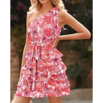BTFBM Women One Shoulder Summer Dresses 2025 Floral Sundress High Waist Tiered A Line Mini Beach Wedding Guest Dress(Floral Pink White, X-Large)
