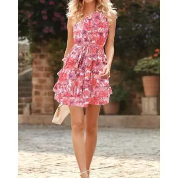 BTFBM Women One Shoulder Summer Dresses 2025 Floral Sundress High Waist Tiered A Line Mini Beach Wedding Guest Dress(Floral Pink White, X-Large)