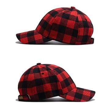Black and Red Checked Print Baseball Cap Soft Plaid Print Outdoor Hat Cap