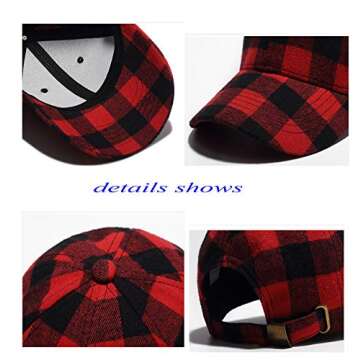 Black and Red Checked Print Baseball Cap Soft Plaid Print Outdoor Hat Cap