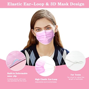 Stylish 100 Pcs Pink Disposable 3 Ply Masks for Adults