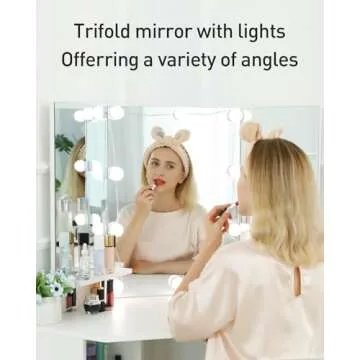 Likein Corner Makeup Vanity Desk with Mirror and Lights, Bedroom Vanity Table with Lighted Mirror 5 Drawers and Storage Shelf for Women Girls White