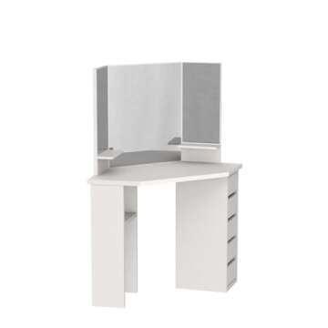 Likein Corner Makeup Vanity Desk with Mirror and Lights, Bedroom Vanity Table with Lighted Mirror 5 Drawers and Storage Shelf for Women Girls White