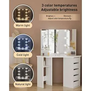 Likein Corner Makeup Vanity Desk with Mirror and Lights, Bedroom Vanity Table with Lighted Mirror 5 Drawers and Storage Shelf for Women Girls White