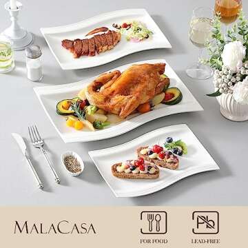 MALACASA Large Serving Platter Set, 15"/13"/11" Serving Dishes Set of 3, Porcelain Platters for Entertaining, Rectangular Serving Trays for Party,Mircowave, Oven, Dishwasher Safe,white