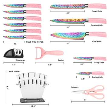 Rainbow Titanium Knife Set, Non Stick Thick and Sharp Stainless Steel 15 Pcs Cutlery Kitchen Knives ...