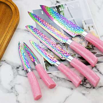 Rainbow Titanium Knife Set, Non Stick Thick and Sharp Stainless Steel 15 Pcs Cutlery Kitchen Knives Set with Acrylic Block, Chef Quality for Home & Pro Use, Best Gift, Pink Color
