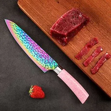 Rainbow Titanium Knife Set, Non Stick Thick and Sharp Stainless Steel 15 Pcs Cutlery Kitchen Knives Set with Acrylic Block, Chef Quality for Home & Pro Use, Best Gift, Pink Color