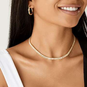 KissYan Gold Tennis Necklace for Women, 14K Gold Plated Cubic Zirconia Baguette Tennis Chain Paperclip Link Cuban Choker Dainty Jewelry Gifts(White)