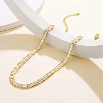 KissYan Gold Tennis Necklace for Women, 14K Gold Plated Cubic Zirconia Baguette Tennis Chain Paperclip Link Cuban Choker Dainty Jewelry Gifts(White)