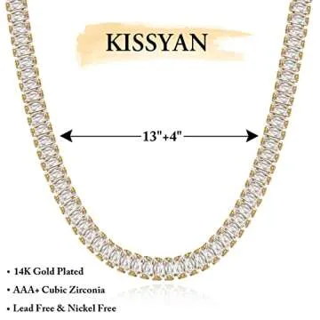 KissYan Gold Tennis Necklace for Women, 14K Gold Plated Cubic Zirconia Baguette Tennis Chain Paperclip Link Cuban Choker Dainty Jewelry Gifts(White)