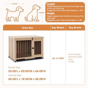 MCombo Wooden Dog Crate Furniture, Portable Foldable Dog Kennel End Table, Solid Wood Indoor Cage with Tray (Medium, Natural)