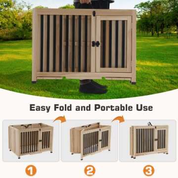 MCombo Wooden Dog Crate Furniture, Portable Foldable Dog Kennel End Table, Solid Wood Indoor Cage with Tray (Medium, Natural)