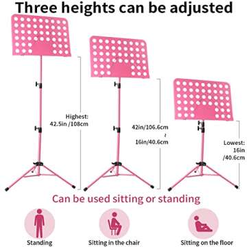 lotmusic Pink Music Stand, Portable Music Sheet Stand, Foldable and Height-Adjustable Music Stand wi...