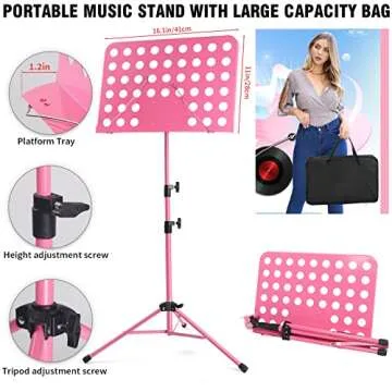 lotmusic Pink Music Stand, Portable Music Sheet Stand, Foldable and Height-Adjustable Music Stand with Bag, Sheet Music Clip, Light, Suitable for Playing Musical Instruments and Traveling Out