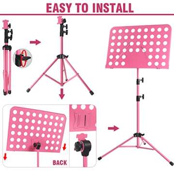 lotmusic Pink Music Stand, Portable Music Sheet Stand, Foldable and Height-Adjustable Music Stand with Bag, Sheet Music Clip, Light, Suitable for Playing Musical Instruments and Traveling Out