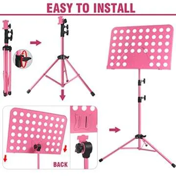 lotmusic Pink Music Stand, Portable Music Sheet Stand, Foldable and Height-Adjustable Music Stand with Bag, Sheet Music Clip, Light, Suitable for Playing Musical Instruments and Traveling Out