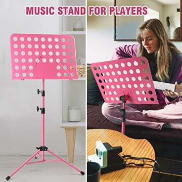 lotmusic Pink Music Stand, Portable Music Sheet Stand, Foldable and Height-Adjustable Music Stand with Bag, Sheet Music Clip, Light, Suitable for Playing Musical Instruments and Traveling Out