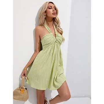 WDIRARA Women's Halter Tie Backless Smocked A Line Flowy Summer Vacation Mini Dress Lime Green S