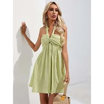 WDIRARA Women's Halter Tie Backless Smocked A Line Flowy Summer Vacation Mini Dress Lime Green S