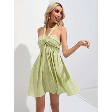 WDIRARA Women's Halter Tie Backless Smocked A Line Flowy Summer Vacation Mini Dress Lime Green S