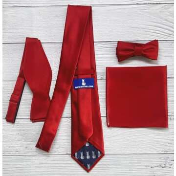KissTies Mens Red Satin Tie Set Solid Ties Necktie For Men + Pocket Square