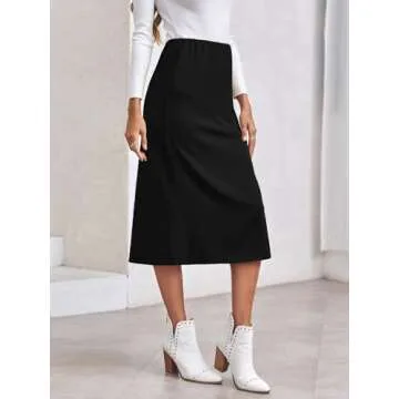 Wenrine Women's Satin Skirt High Waist Silk Cocktail Party Wedding A-Line Zipper Midi Skirts Black