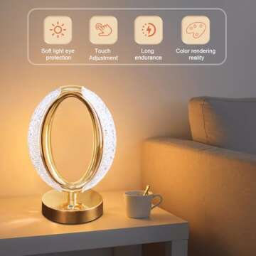 JHPGEOE Cordless Crystal Lamp, Touch Sensor Control LED Table Lamp,3 Color Stepless Dimmable Battery Powered Lamp 6 Tier Wood Bamboo Shelf Entryway