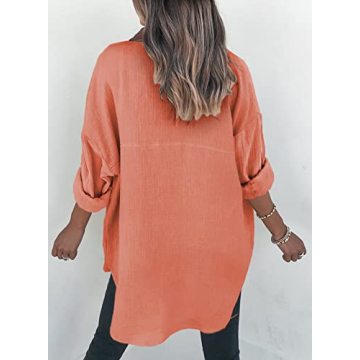 Dokotoo Womens 2024 Spring Fashion Oversized Lightweight Solid Color Long Sleeve Button Up Pockets Shirts Soft Basic Daily V Neck Collared Loose Fit Tunic Sexy Ladies Fall Blouse Tops Orange S