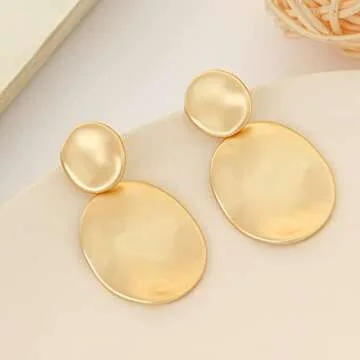 Matte Gold Small Hammered Disc Earrings Minimalist Geometric Dangle Earrings for Women