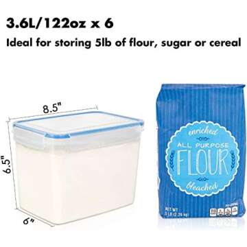 Airtight Food Storage Containers with Lids- HOOJO 6 Pcs (3.3QT / 3.6L) Plastic Containers for Flour, Cereal and Bulk Dry Food, BPA Free Storage Containers for Kitchen Pantry and Snacks, Blue