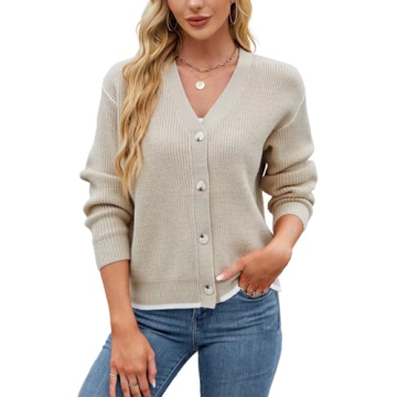 Allimy Women Cardigan Slouchy Wool Cashmere Ribbed Knitted V Neck Soft Cropped Short Cardigans for Women Trendy Sweaters Lightweight Fall Fashion 2025 Sweater Coats Button Down Cardigans Khaki US 4 6