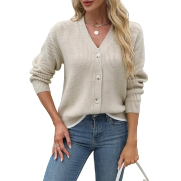 Allimy Women Cardigan Slouchy Wool Cashmere Ribbed Knitted V Neck Soft Cropped Short Cardigans for Women Trendy Sweaters Lightweight Fall Fashion 2025 Sweater Coats Button Down Cardigans Khaki US 4 6