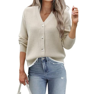 Allimy Women Cardigan Slouchy Wool Cashmere Ribbed Knitted V Neck Soft Cropped Short Cardigans for Women Trendy Sweaters Lightweight Fall Fashion 2025 Sweater Coats Button Down Cardigans Khaki US 4 6