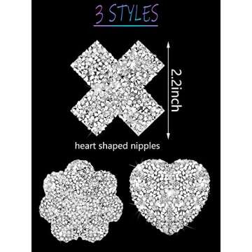 Hercicy 3 Pairs Rhinestone Pasties Sticky Bra Reusable Pasty Breast Covers Waterproof Boob Stickers for Women Silver