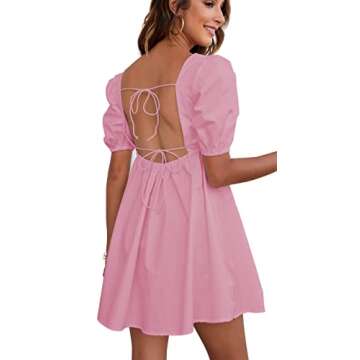 Rozegaga Womens Sexy Puffed Sleeve Backless Lace Up Babydoll Mini Dresses Pink Medium