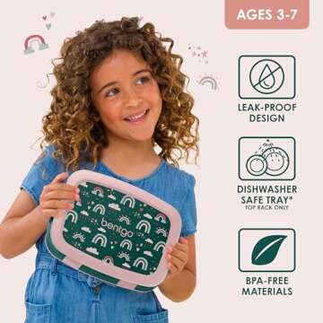 Bentgo Kids Prints Leak-Proof, 5-Compartment Bento-Style Kids Lunch Box - Ideal Portion Sizes for Ages 3-7, Durable, Drop-Proof, Dishwasher Safe, & Made with BPA-Free Materials (Green Rainbow)